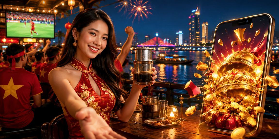 Người dùng Đà Nẵng thư giãn bên cà phê và sử dụng ứng dụng casino mc2 trên điện thoại